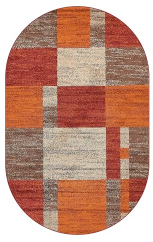 Generisch Teppich,Oval 120 x 170 cm,Teppiche waschbar in Waschmaschine, Design modern Beige Braun Terracotta Rot Orange, Kurzflor Carpet für Zimmer Deko Aesthetic
