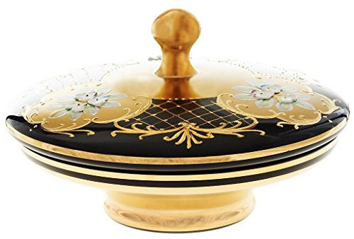 CRISTALICA Dose Keksdose Konfektdose Schmuckschatulle Black Queen D 22 cm Schwarz Gold Handbemalt Hochwertiges Glas