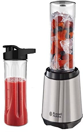 Russell Hobbs Batidora de Vaso Individual Mix & Go - Batidora Smoothie, Mini Batidora para Zumos y Batidos, 2 Vasos con Tapas de 600 ml, sin BPA, Pies Antideslizantes, Acero Inoxidable - 23470-56