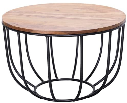 FineBuy Couchtisch 60x39x60cm Sheesham Massivholz/Metall Korbtisch, Design Sofatisch, Wohnzimmertisch rund, Holztisch Kaffeetisch massiv, Tisch Wohnzimmer