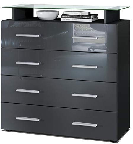 Vladon Sideboard Pavos V2, Kommode mit 4 Schubladen und Glasablage, Schwarz matt/Grau Hochglanz (76 x 81 x 35 cm)