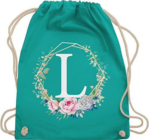 Turnbeutel Rucksack - Geschenk Initialen - Tasche - Blumenkranz mit Buchstabe L - Unisize - Türkis - gym bag baumwolle kordelzug stoff kordel häng sport baumwoll großer turnen stoffbeutel beutel