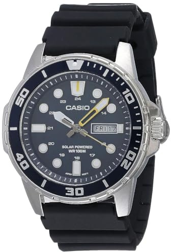 Casio Reloj solar de acero inoxidable para hombre, correa de resina negra, indicador de día/día, 42 mm, MTP-S110-1AVCF
