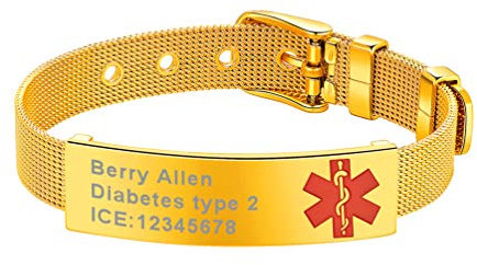 PROSTEEL 10mm breit 18k vergoldet personalisiert Medical Alert Armband mit Schild Identifizierung Schmuck mit Gürtel Schnalle SOS Ice Notfall Accessoireidee für für Patienten Diabetes Typ 1/2