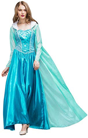 IWEMEK Damen Eiskönigin ELSA Kostüm Schneekönigin Prinzessin Kleid mit Umhang Erwachsene Halloween Karneval Fasching Kostüm Lange Tüll Ballkeid Märchen Verkleidung Cosplay Festlich Party Outfits M