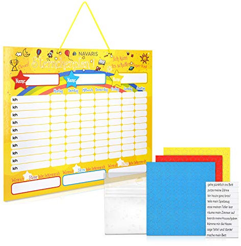 Navaris abwischbare Belohnungstafel magnetisch 40x32cm - Kinder Aufgaben Tafel - Magnettafel inkl. 250 Sternchen Magnete Stift - Sterne Aufgabenplan