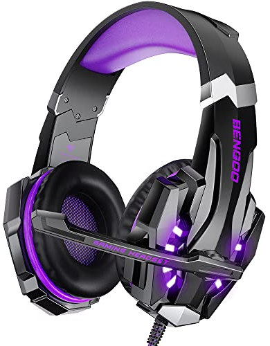 Bengoo Auriculares de Diadema con Cable para Juegos con Sonido Envolvente y Graves Estéreo para PS4, PC, Mac Nintendo, Mandos Xbox One con Micrófono, Cancelación de Ruido y Luz LED (Morado)