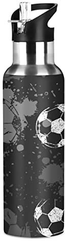 Vnurnrn Sportgeschenk Fußball Schwarz Fußball Trinkflasche Wasserflasche mit Strohhalm 600ML, Thermosflasche Vakuumisolierte aus Edelstahl 18/8, BPA-frei für Kinder Sport Wandern Schule