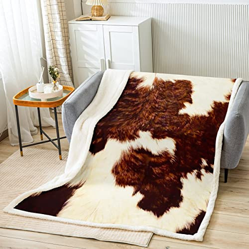 Kuhfell Fleece Decke Braunes Wildfell Haar Wurf Decke 130x150 für Jungen Mädchen Mann, Stier Rinder Haut Bettdecke Neuheit Kuhfleck Wildtierhaut Flanell Decke Westliche Tiere Schlafzimmer Dekor