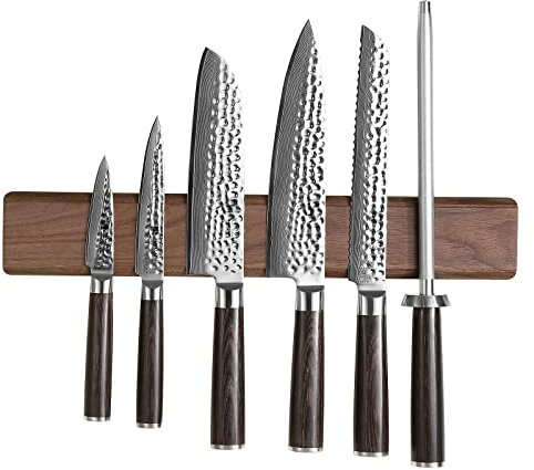 XINZUO Walnut Wood Magnetic Knife Strips 16 Inch, Double Row Round Magnets Knife Holder for Wall -Magnetic Knife Bar- Works with Kinds of Kitchen Tools -Space Saver Knife Rack
