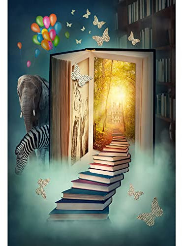 Aoihrraan 2,5x3m Magie Livre Toile De Fond Conte De Fées Château Livres Escaliers Ballons Animal Monde Printemps Enchanté Forêt Photographie Fond Filles Princesse Anniversaire Fête Photo Accessoire