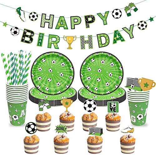 Fußball Party Dekorationen Geburtstagsparty Zubehör Set, Happy Birthday Banner, 16 Pappteller, 16 Pappbecher, 24 Cake Toppers, 20 Strohhalme, Kindergeburtstag Partyzubehör Fussball Partygeschirr