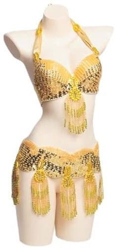 JRUIA Bauch Karneval Tanz Kostüm Für Damen Professioneller Bauchtanz BH Und Gürtel Set Mit Perlenquaste Faschingskostüm Anzug 2Tlg,Gold,one Size