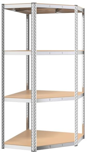 vidaXL Eckregal, Regal mit 4 höhenverstellbaren Böden, Kellerregal Schwerlastregal mit Stahlrahmen, Metallregal Werkstattregal, Silbern Stahl Holzwerkstoff