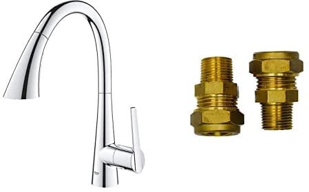GROHE Zedra & UK Adaptors – Pull Out Kitchen Sink Mixer Tap (High C-spout, 3 Spray, 35mm Ceramic Cartridge, 360° Swivel Range, Magnetic Docking, Water Saving Technology), Size 401mm, Chrome, 32294002