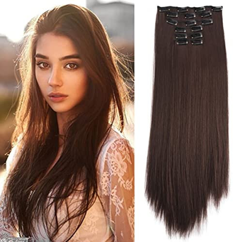 KARLOR Clip in Extensions, 6 Pcs Glatt Haarverlängerungen 16 Clips 60cm, Haarteile Kunsthaar wie Echthaar Günstig Haarteile Perückenteile Haarextension Lang Synthetisch für Damen(dunkelbraun-glatt)