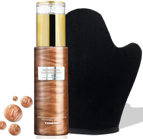 VANERIA Bräunungsspray mit Mica,Selbstbräuner Spray mit Handschuh,Self Tanner,Selbstbräuner Ohne Flecken Verwendet In Beine Gesicht Körper 80ml /2.7 Fl.Oz(Champagner)