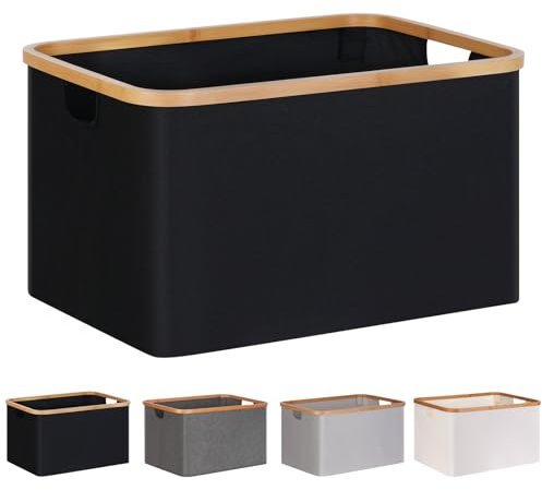 efluky Foldable Laundry Basket, 60L Collapsible Storage Baskets with Bamboo Handle, Foldable Laundry Baskets, Laundry Baskets for Bedroom Bathroom (Black)