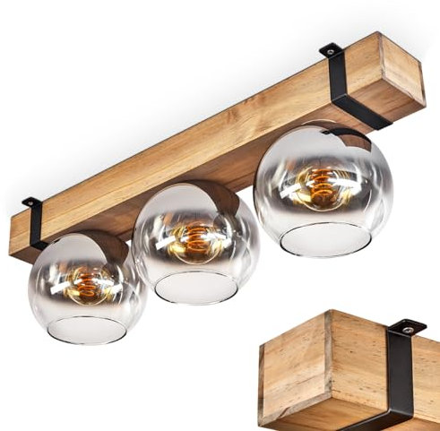 Deckenleuchte Montgomery, Deckenlampe aus Metall/Holz/Glas in Schwarz/Natur/Chromfarben/Klar, skandinavisches Design mit Holzbalken (60 cm) u. Glaskugeln (Ø 15 cm), 3 x E27-Fassung, ohne Leuchtmittel