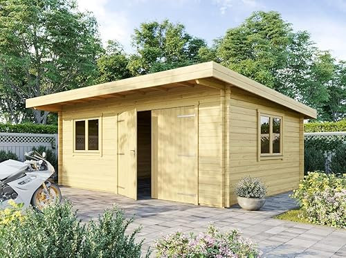 Direct ABRIS Hangar Bois 22m² - Epaisseur des Murs : 44mm - Espace Atelier/Bricolage - Bois Naturel de Haute Qualité - Porte Deux Ventaux - Double Vitrage