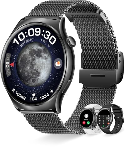 Erkwei Smartwatch Damen Rund mit Telefonfunktion Benachrichtigung 1.43 Always-On AMOLED Bildschirm Uhr Fitnessuhr Schrittzähler Pulsuhr Schlafmonitor 100+ Modi Sportuhr für iOS Android, Schwarz