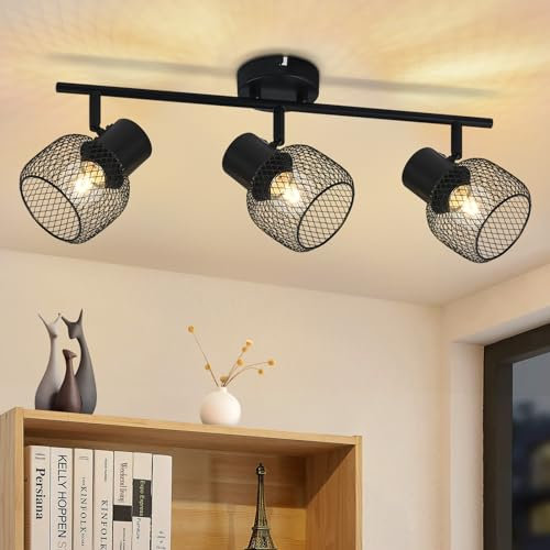 Glitzerlife Deckenspots Schwarz Deckenlampe Vintage - 3 Flammig Deckenlampe Metall Schwenkbar 330° LED Strahler Innen für Wohnzimmer Schlafzimmer flur Küche Kinderzimmer E27 Max.25W Ohne Leuchtmittel