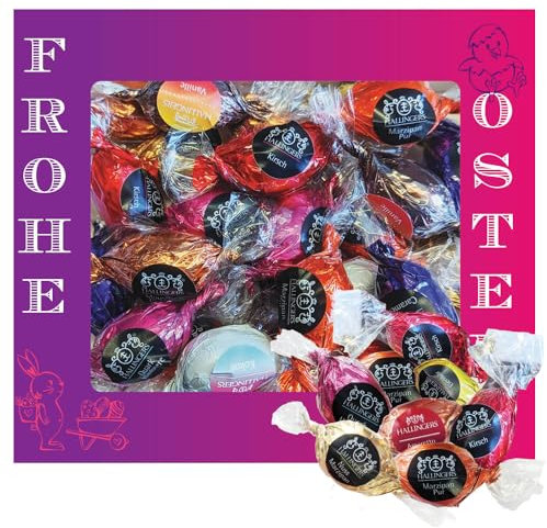 Hallingers Frohe Ostern XL - Ostergeschenke für Osterkörbchen zu Ostern, Pralinen Ostereier handmade teils mit Alkohol (Box) - Geschenk im Sommer & als perfektes Grillgeschenk | Glückwunsch Glückwünsc