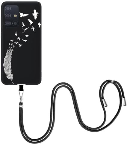 EuoDuo für Samsung Galaxy A71 Hülle mit Band Handyhülle Handy Kette Abnehmbare Kordel Handyschnur zum Umhängen Silikon Case Schwarz Schutzhülle Halskette Cover - Feder Vogel