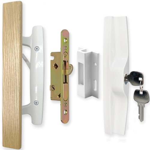 ALLYWASAI Schiebetürgriff-Set mit Einsteckschloss, Schlüsselzylinder und Halter, Holzgriff-Schloss-Set für Terrassentüren, passend für Türstärken von 3,8 cm bis 4,8 cm, Schraubenlochabstand, Weiß