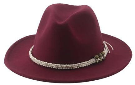 SOYNIA Fedora Trilby Filzhut Hut Hüte Für Damen Fedora Gefilzt Herrenhut Panama Lässig Vintage Western Cowboy Kette Breite Krempe 52–54 cm (Kinder) Weinrot