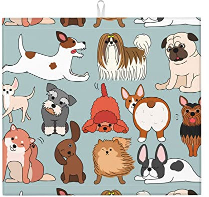 Dish Drying Mat 41x46cm, Dog Doodle Set Rack Pads For Sink With Hanging Loop Drainer Rack Mat Reversible Dish Dryer Pad, For Home Pub, Beer Glass, Table