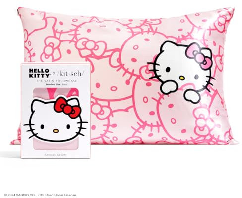 Kitsch Hello Kitty Satin-Kissenbezug mit Reißverschluss für Haar und Haut, weicher als Seidenkissenbezüge, maschinenwaschbar, knitterfreie Satin-Kissenbezüge, Standardgröße, rosa Kitty-Gesichter