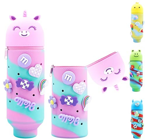 AUNGKWANG Kawaii Federmäppchen Einhorn, 2 in 1 Stand Mäppchen mit Reißverschluss, Niedliches Cartoon Tier Federmappe, Künstler Federmäppchen, Niedliche Schulbedarf, für Schülerin Teenager
