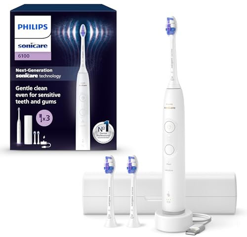 Philips Sonicare 6100 elektrische Zahnbürste, Schallzahnbürste mit 2 Putzmodi, 3 Intensitätsstufen, Andruckkontrolle, EasyStart, SmarTimer, Reiseetui, Weiß, Modell HX7400/02 [Neue Technologie]
