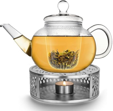 Creano Tetera de cristal de 1,2 l + un calentador de acero inoxidable – Tetera de cristal con colador de cristal y tapa – ideal para preparar té suelto – 100% sin goteo