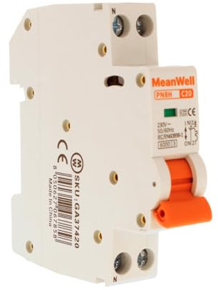 MeanWell Interruttore Magnetotermico Slim Da 1 Modulo DIN, MCB 1P+N C20 20A, Curva C 2 Poli 6000A 220V