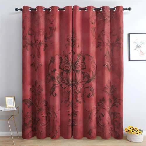 zcwl Roter Damast Vorhänge, Barock Verdunklungsvorhänge mit Ösen, Vorhang Blickdicht für Wohnzimmer Schlafzimmer Dekoration, Gardinen mit Muster, 2er Set, 160 x 132 cm (HöhexBreite)