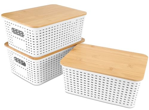 Luziyun 3 Piezas Cestas Almacenaje Plastico Con Tapa Bambú Cestas Organizadoras Cajas Organizadoras PláStico Apilable Asas Blanco Organizador Cajones Para Escritorio,Oficina,CosméTico,BañO,Juguetes