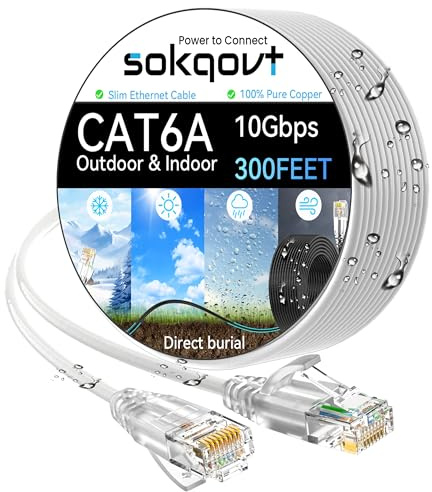 Cat6a Ethernet Cable Slim 300ft Outdoor, 28AWG Pure Copper Cat6 Internet Cable for Waterproof & Direct Burial, Flexible Cat6 Ethernet Cable 10G 550MHZ, Cat 6 Network cable for Indoor White Color