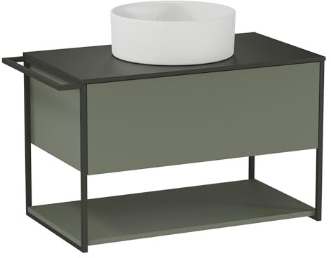 BadeDu Duna Waschtisch mit Unterschrank – 80 cm breit, Aufsatzwaschbecken aus Keramik in weiß mit Waschbeckenunterschrank in Grün, skandinavisches Design mit Waschplatte in Anthrazit