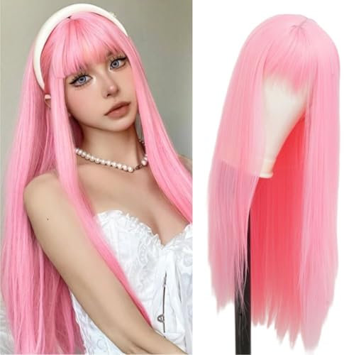Siudus Parrucca lunga rosa da donna con frangia, capelli lisci in fibra sintetica, per uso quotidiano, cosplay, Halloween
