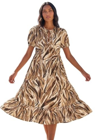 Roman Originals Abstract Print Tie Front Smock Dress for Women UK - Ladies Everyday Autumn Winter Round Neckline Comfy Soft Evening Vacation Work Party Night Out
