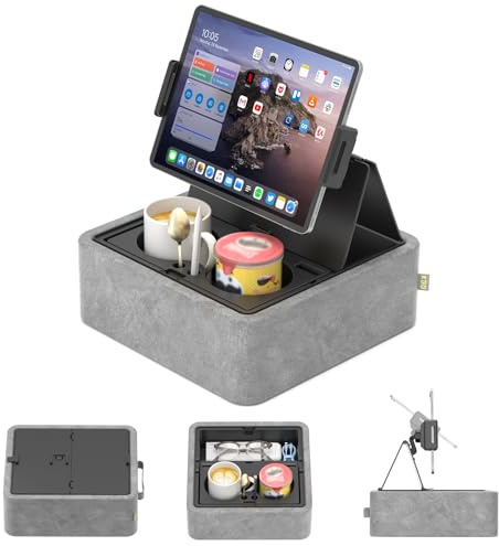 KDD Tablet Pillow Stand, Adjustable iPad Holder for Bed, Lap and Desk with Two Cup Holder and Storage Tray, 360°Rotating Clip Soft Dock Compatible with iPad Pro 12.9, Air, Mini, Phone and E-Reader