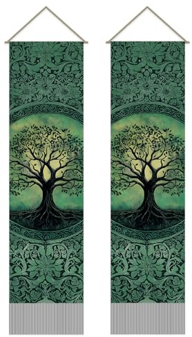 SUPERDANT Wandteppich Baum Des Lebens Wandbehang Grüne Natur Wanddekoration 2 Langen Wandbehängen Wandteppiche Mit Quasten Für Wohnzimmer Yogaraum Schlafzimmer 130x33cm