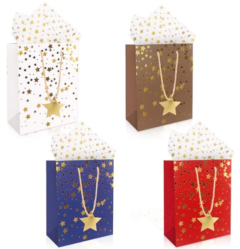 4 Stück Geschenktüten 23 x 18 x 10cm 4 Schleife Geschenktüten mit Henkel | 4 Muster Kraftpapier Tüten, Geschenktüte mit Schleifenbändern Geburtstag Geschenktüte für Geschenke Einkaufen Party Hochzeit
