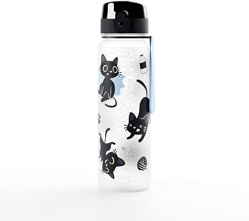 Puckator Lucky the Black Cat Pop Top 600ml Shatterproof Bottle - Reusable Insulated Active Water Bottle Flask For Girls And Boys With A Carry Handle & Straw - Bpa Free - For School Nursery
