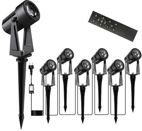 Gartenbeleuchtung LED, 23m 27V Dimmbarer LED-Strahler mit Fernbedienung/Timer/4 Lichtstufen, IP65 Wasserdichter Gartenstrahler, 3000K Gartenleuchten , Gartenlampen für Außen, Garten, Hof (6 in 1)