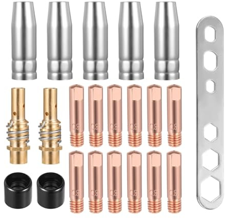 LightBeacon 22 Pezzi Accessori per Saldatrice MIG/MAG, Set di Materiali di Consumo Saldatori, 5 Ugelli per Gas, 12 Ugelli per Poveri, M6 0,8 mm, 2 Manici per Ugello, 2 Isolatori, 1 Chiave Inglese