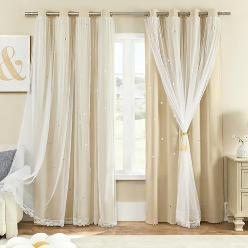 Verdunklungsvorhang für Schlafzimmer Doppellagig 86 x 183 cm aus Polyester mit Voile Sternen-Design Schiebetür Mehrfarbig Beige86/183