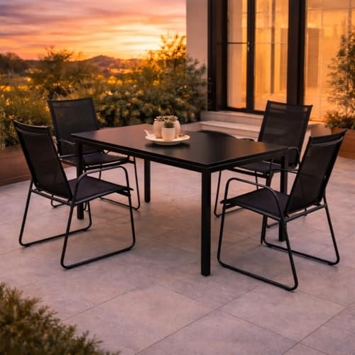 Mojawo 5tlg Outdoormöbel Set Gartenmöbel Gartengarnitur Glastisch Gartentisch 150x80cm + 4 Sessel Schwarz
